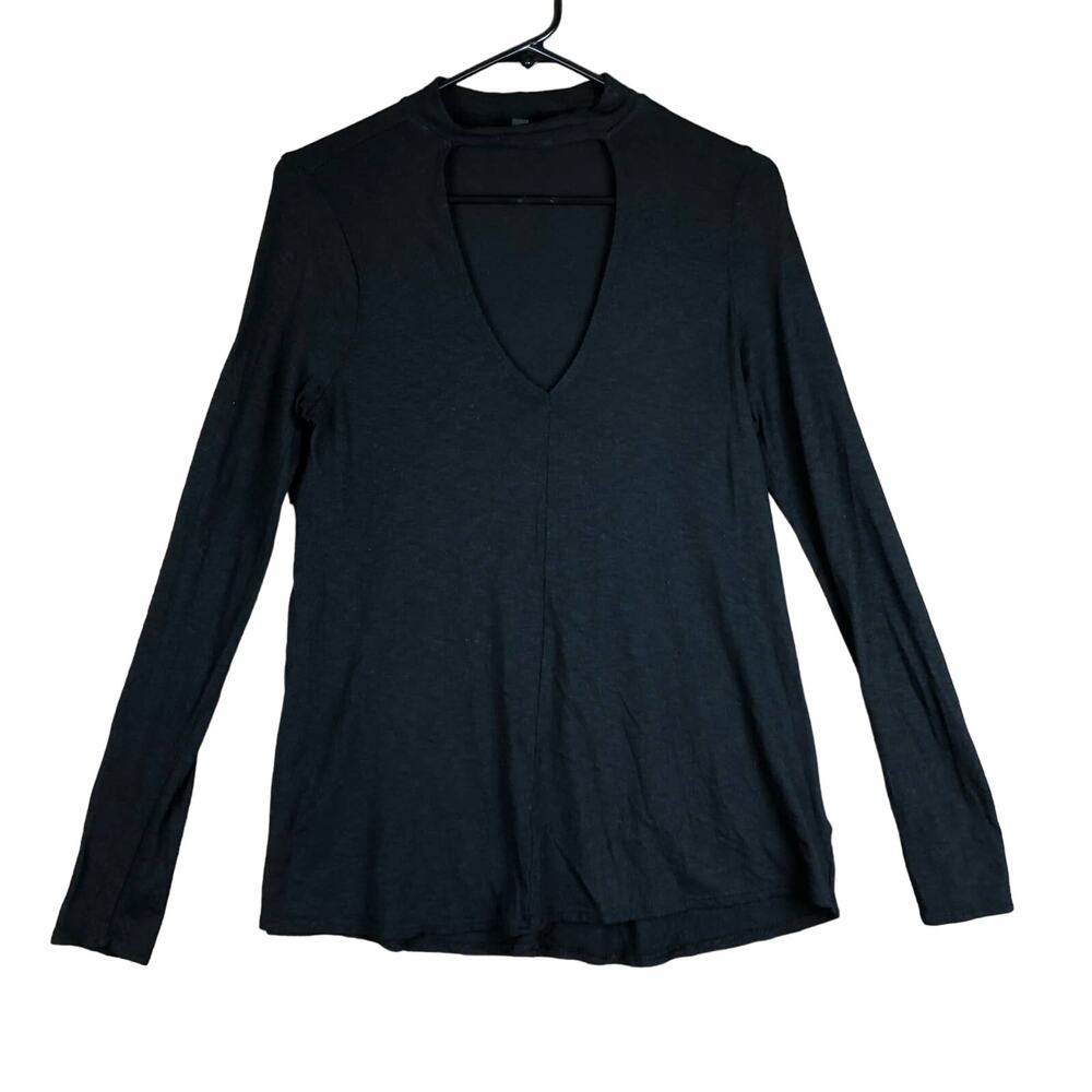 Express Womens Blouse Black Choker Neck Keyhole Cutout Long Sleeve Stretch Small